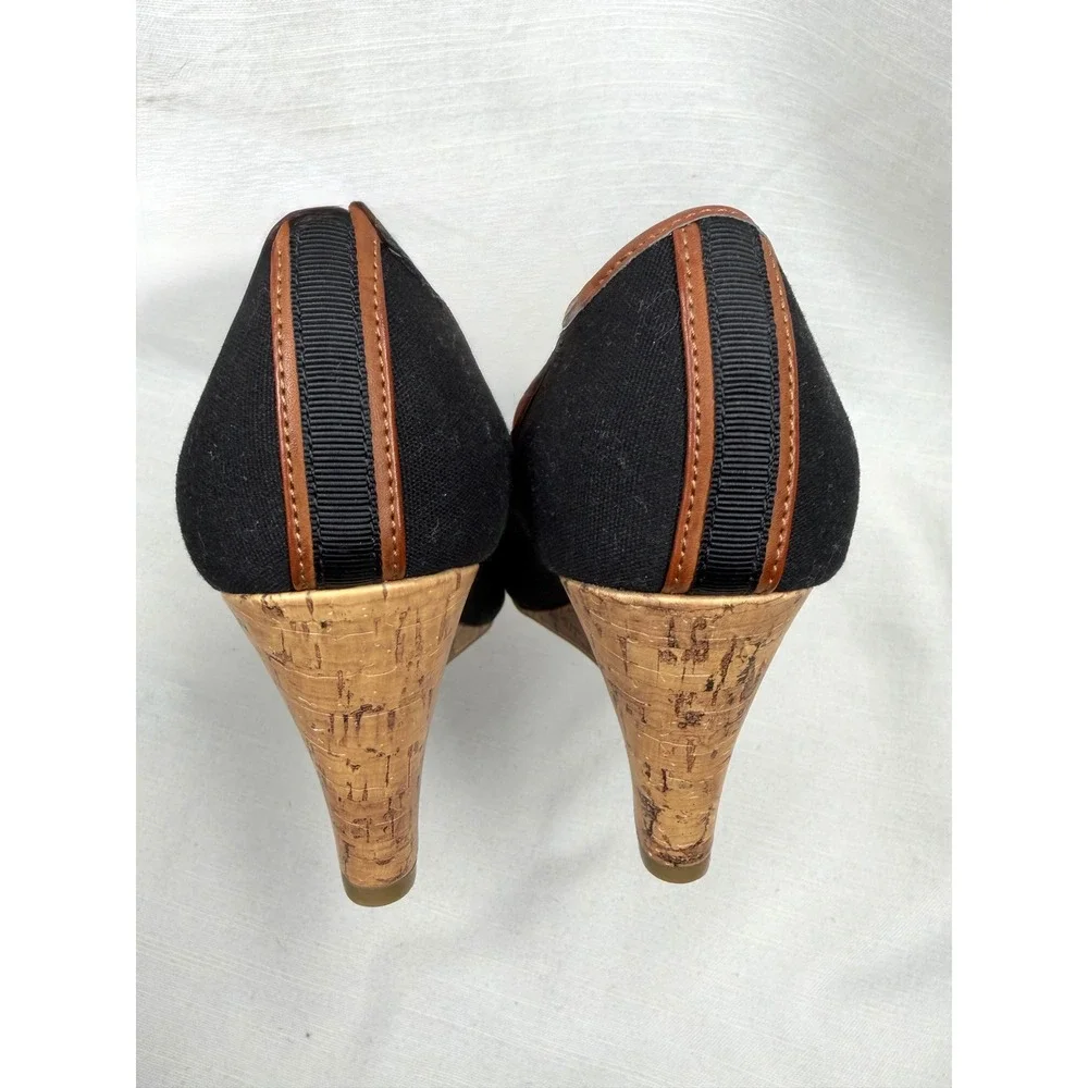 Tommy Hilfiger Canvas Horsebit Cork Wedge Peep Toe Heels Black Brown Sz 6.5 NWOB